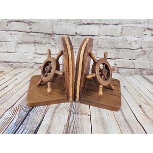 Vintage Nautical Wooden Bookends Anchor Ships Wheel TILSO Japa Set Boat Rope